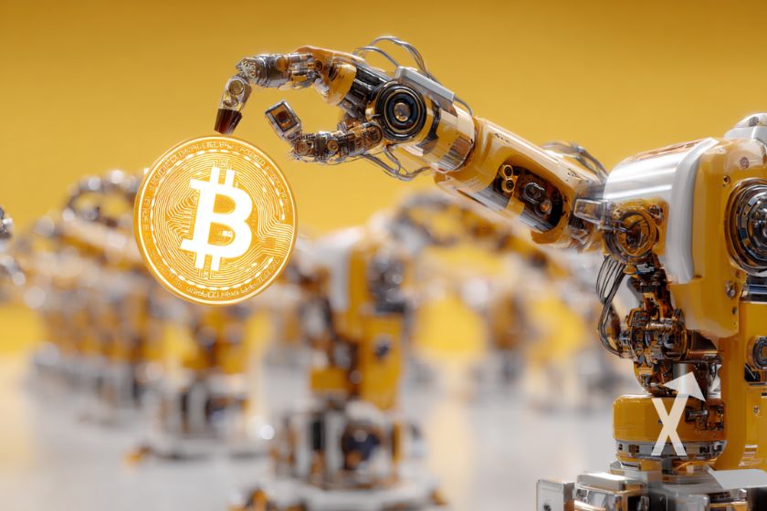 Bitcoin coin tenu par un robot jaune sur un fond jaune