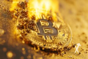 Bitcoin coin en flamme sur un fond jaune