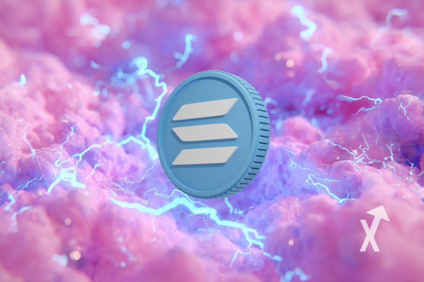 Blue Solana coin among pink clouds.
