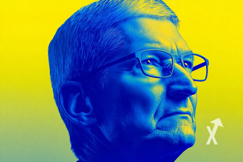 "Tim Cook in blue on yellow background like photograph"