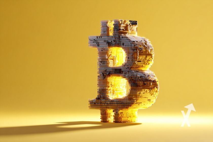 "Bitcoin logo in squares on yellow background"