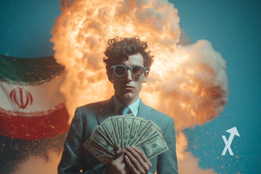 Man in suit with dollars. Explosion.