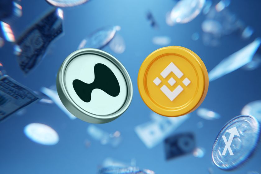coin hyperliquid et bnb sur un fond bleu avec dollars qui volent