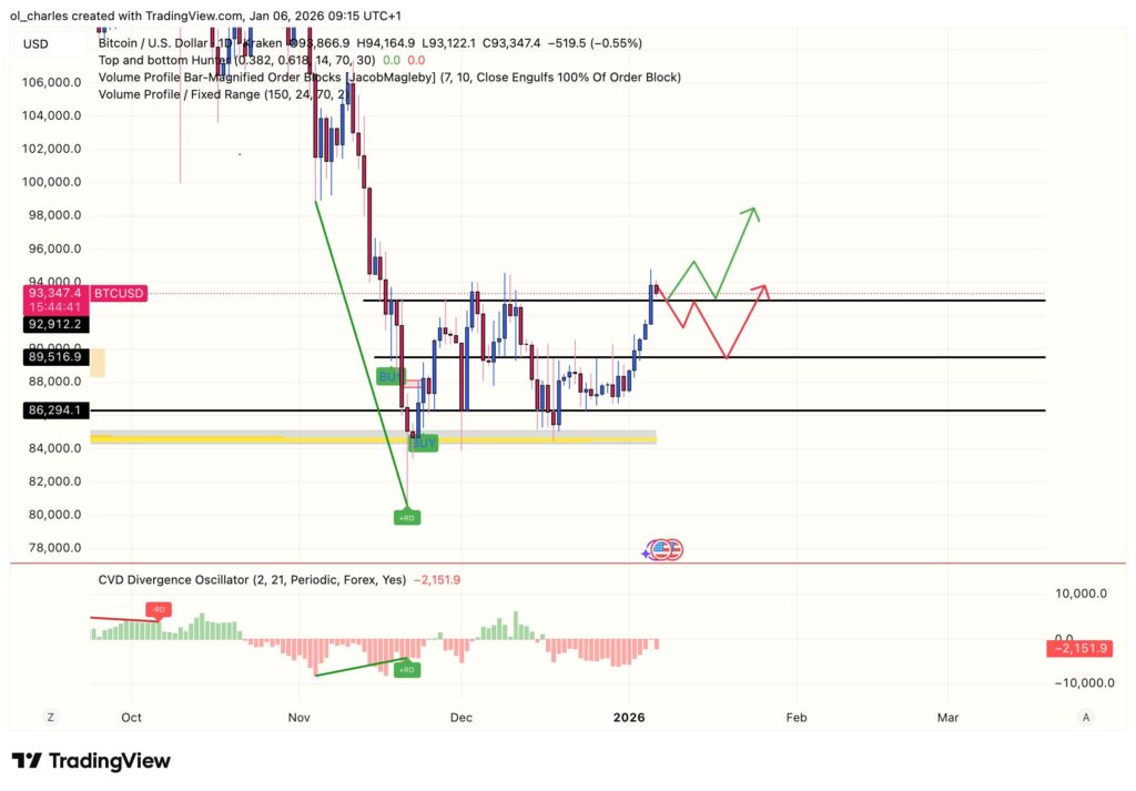 Bitcoin price in 1 day with CVD and range zone