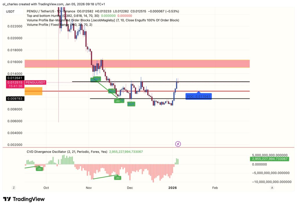 PENGU price chart in 1 day with CVD and VPFR