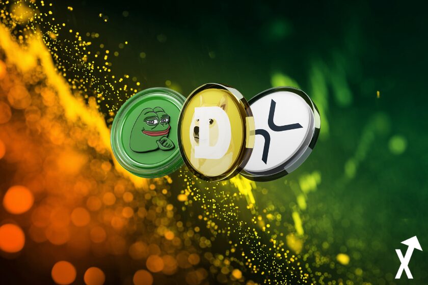 PEPE, Dogecoin et XRP repr&eacute;sent&eacute;s par des jetons sur fond dynamique haussier