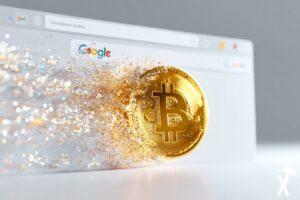 Navigateur Google ouvert avec le logo Bitcoin dor&eacute; et scintillant sortant de l&rsquo;&eacute;cran, design futuriste et clean, lumi&egrave;re premium, sans texte