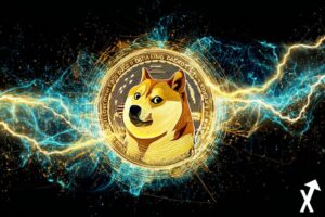 Dogecoin lumineux avec &eacute;nergie &eacute;lectrique, &eacute;clairs n&eacute;on, pi&egrave;ce dor&eacute;e brillante, &eacute;tincelles bleues et jaunes, style crypto futuriste, fond sombre clean