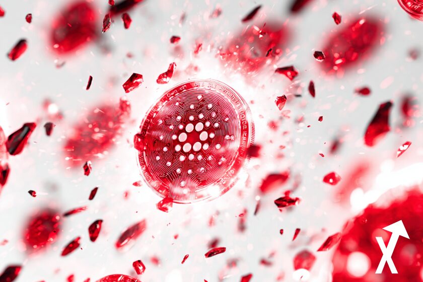 Pi&egrave;ce Cardano (ADA) explosant en &eacute;nergie rouge, fond rouge et blanc clean, style crypto futuriste