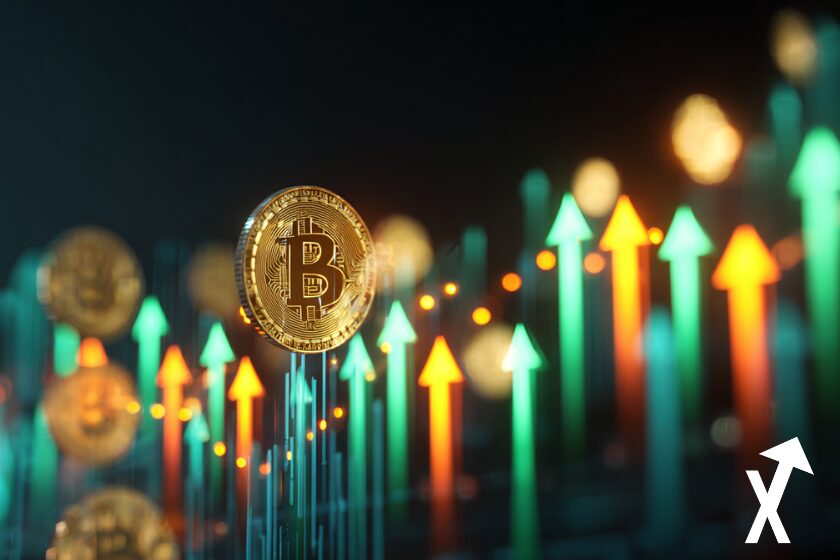 March&eacute; crypto en hausse, graphiques verts lumineux, Bitcoin et altcoins en ascension, couleurs vives, style futuriste clean, sans texte