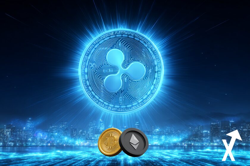 xrp coin au centre prenant le dessus sur le bitcoin et ethereum sur fond bleu galaxie crypto