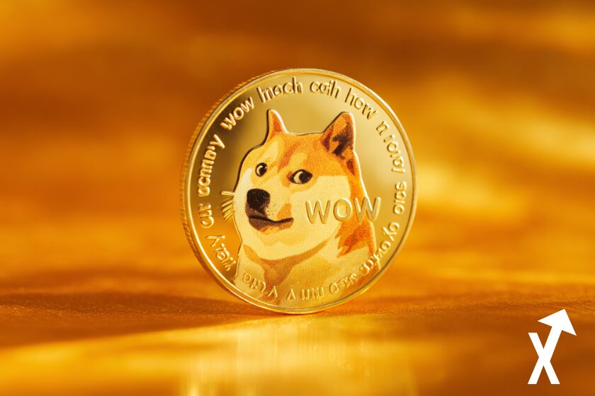 dogecoin coin dor&eacute; entour&eacute; de lumiere du soleil sur fond orange jaune color&eacute; clean