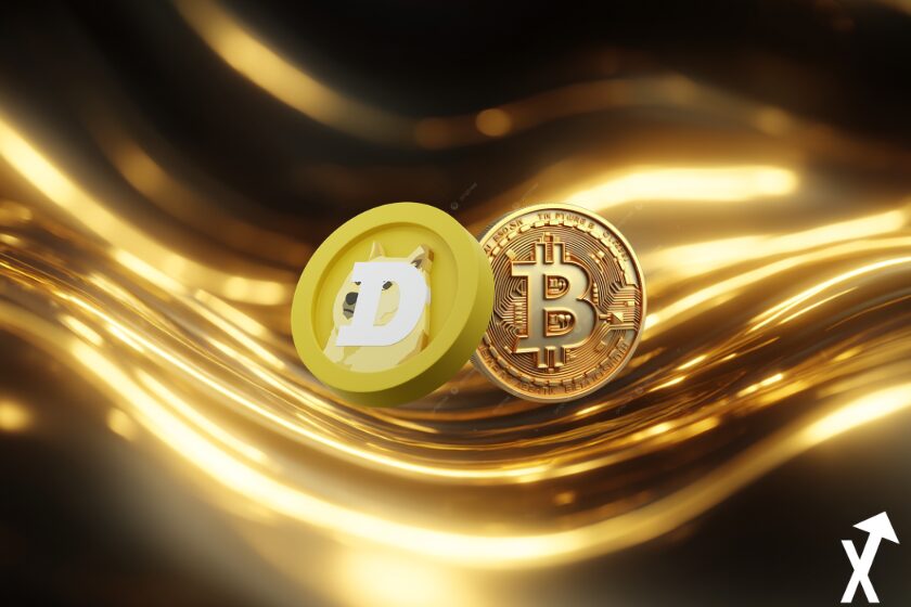 dogecoin bitcoin jetons dor&eacute;s sur fond dor&eacute; jaune