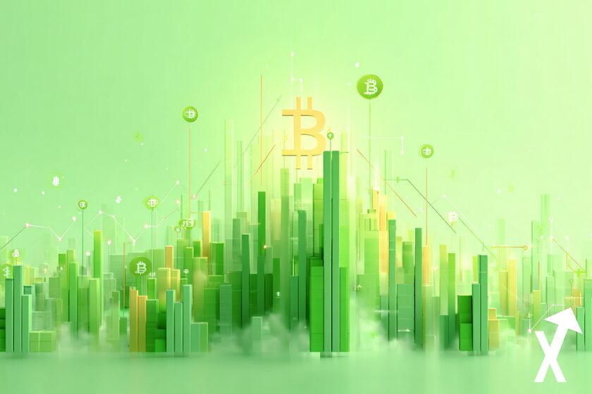 Illustration futuriste repr&eacute;sentant le march&eacute; des cryptomonnaies en pleine hausse, domin&eacute; par des tons verts lumineux, avec des graphiques haussiers dynamiques, chandeliers verts et lignes ascendantes. Arri&egrave;re-plan vert clair minimaliste et clean, style moderne et &eacute;pur&eacute;, ambiance optimiste, lumi&egrave;re douce, effets de glow subtils, design professionnel, haute r&eacute;solution, sans logo ni marque.
