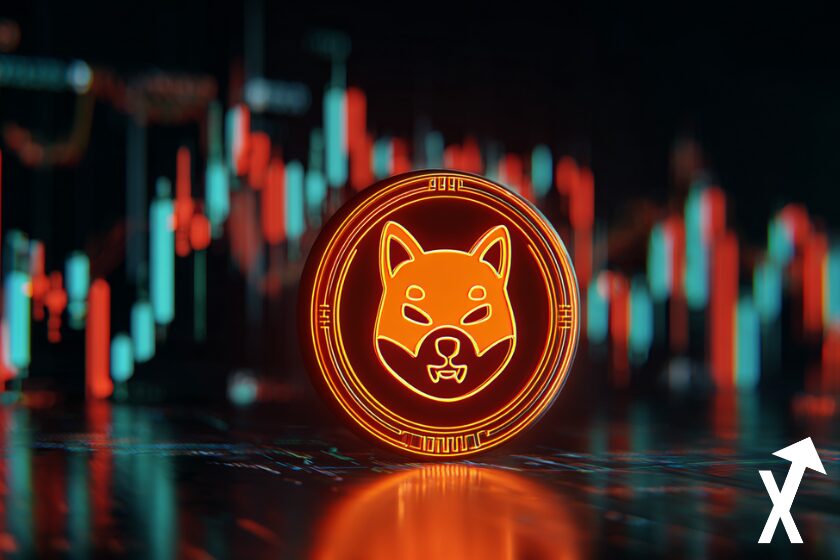 Shiba Inu lumineux en orange n&eacute;on et rouge, logo 3D flottant devant un graphique crypto en arri&egrave;re-plan, ambiance march&eacute; volatil, &eacute;clairage dramatique, style magazine fintech, ultra d&eacute;taill&eacute;, 4K, fond sombre, composition propre, sans texte ni logo.