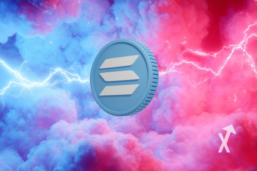 Solana coin sur un fond de fum&eacute;es rose et bleu avec &eacute;clairs bleus