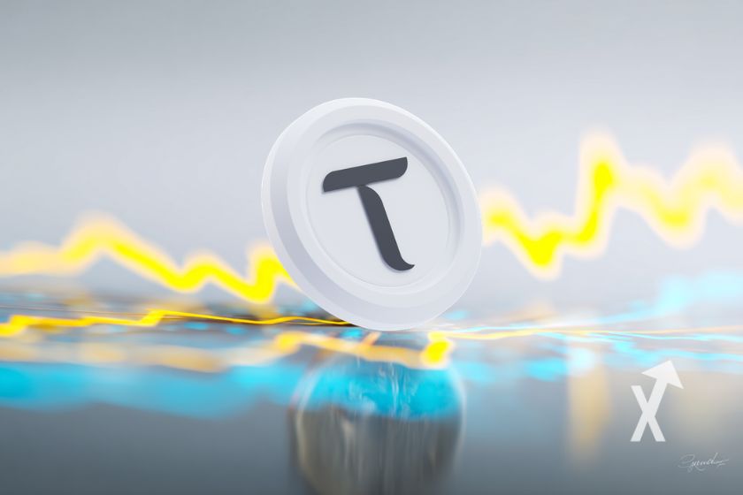 coin TAO sur un fond blanc avec trendline jaune