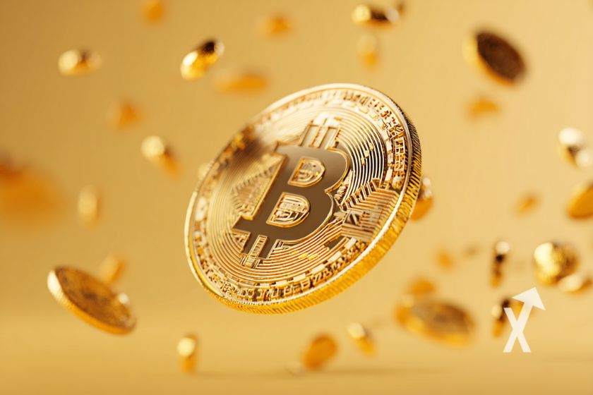 Bitcoin coin sur un fond jaune avec des cryptos tokens