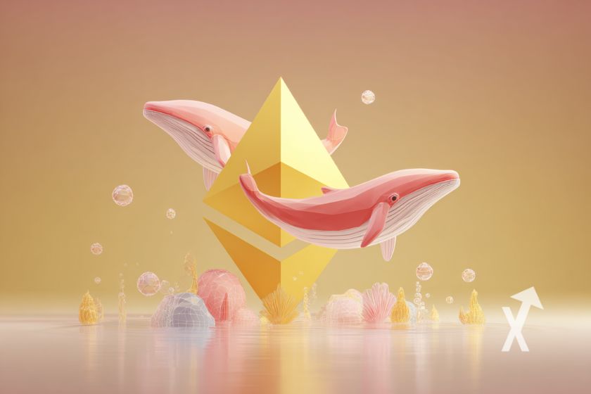 logo ethereum en jaune sur un fond jaune avec baleines roses