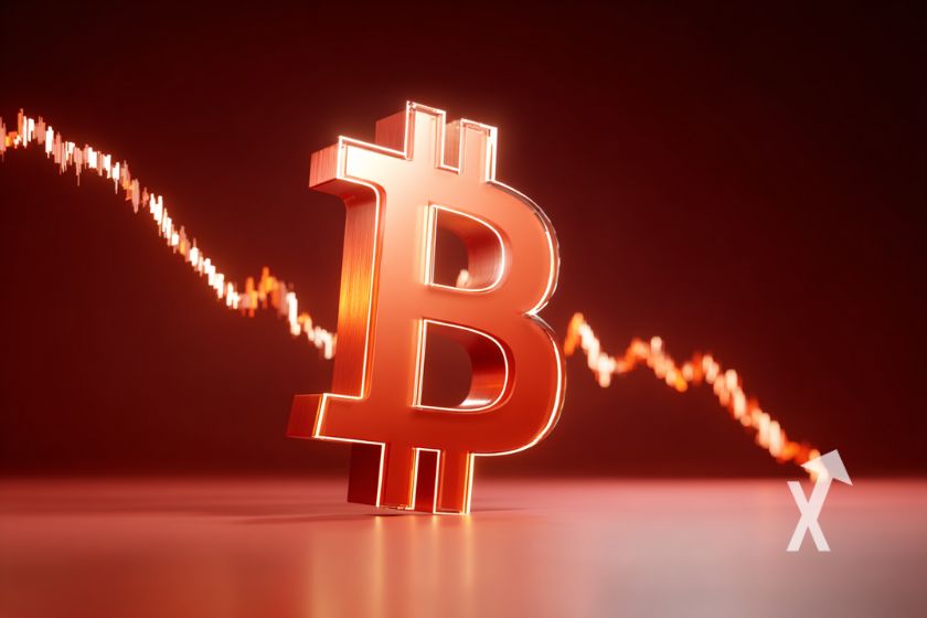 Bitcoin logo en rouge sur un fond rouge avec trendline ui descend