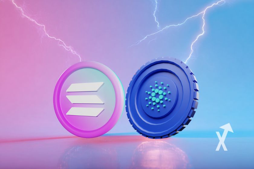 Coin solana et cardano ADA sur un fond mbleu et mi-rose avec de l'&eacute;lectricit&eacute;