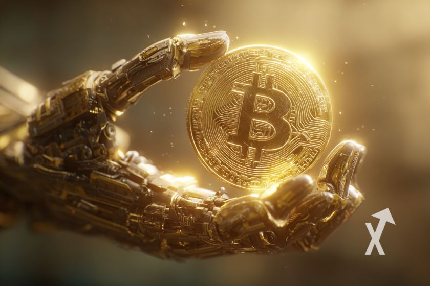 Coin Bitcoin dans une main d'un robot ambiance jaune et sombre
