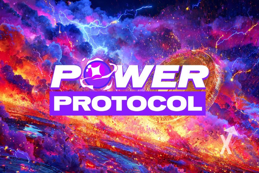 Logo power protocol sur un fond flashy rouge orange violet sur le th&egrave;me de l'apocalypse