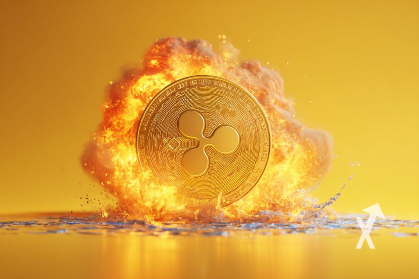 xrp coin sur un fond jaune avec explosion orange