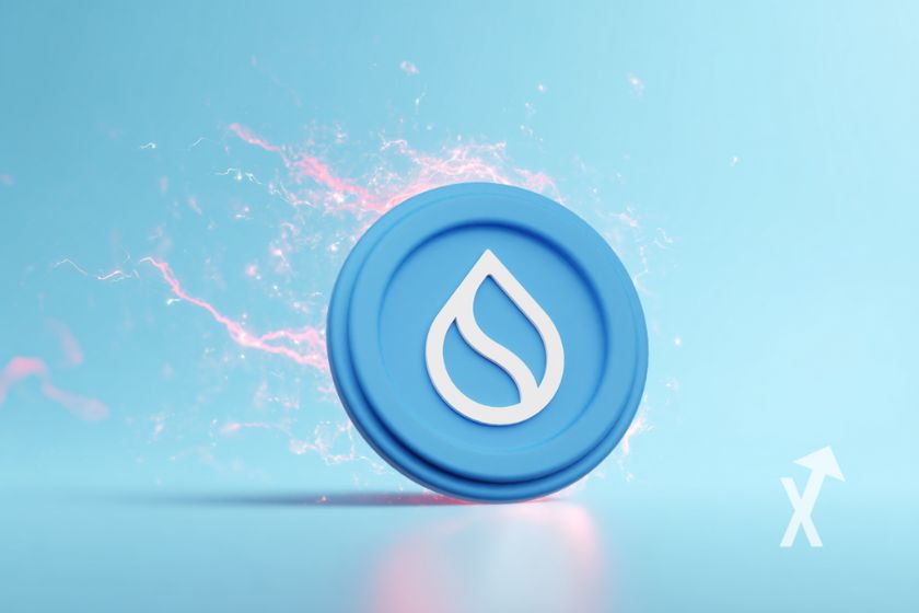 Sui coin sur un fond bleu avec de l'&eacute;lectricit&eacute; rouge