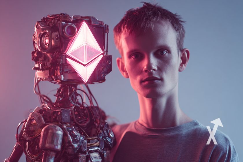 Vitalik Buterin sur un fond gris avec un robot avec un logo Ethereum rouge sur e visage