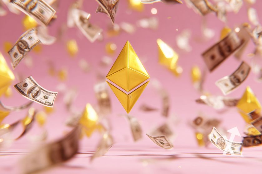 Logo ethereum en jaune sur un fond rose avec des bilelts dollars partout