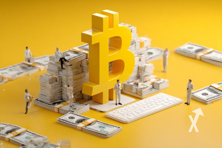 Bitcoin logo surun fond jaune avec billets dollars et personnes blanches