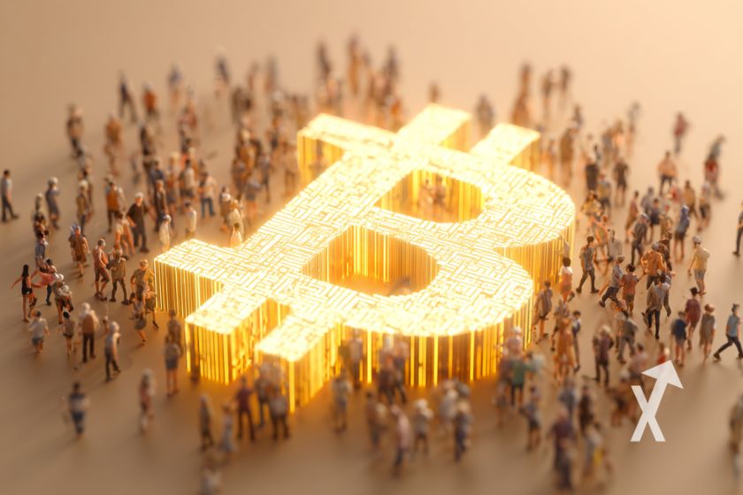 Bitcoin logo en jaune avec pleins de personnes autour sur un fond rose/gris