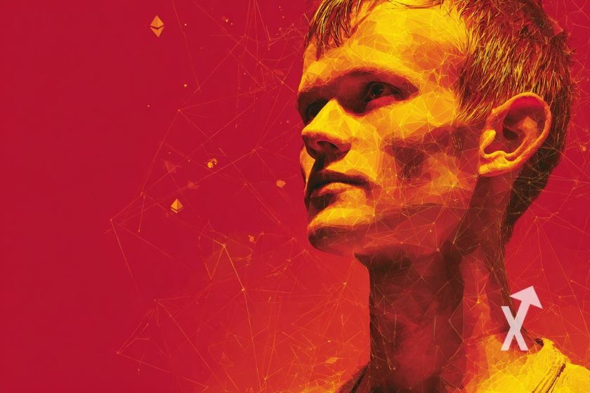 Vitalik Buterin sur un fond rouge avec des petits logos ethereum
