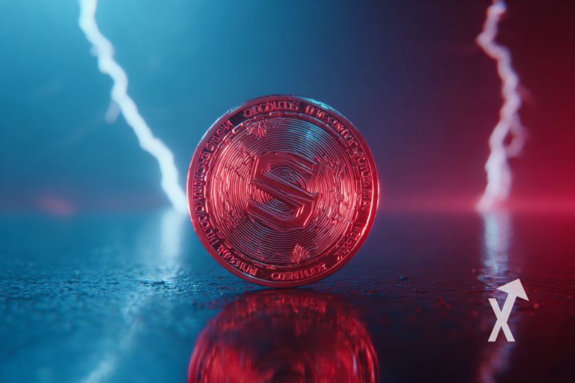 coin solana en rouge sur un fond bleue t rouge avec &eacute;clair bleu