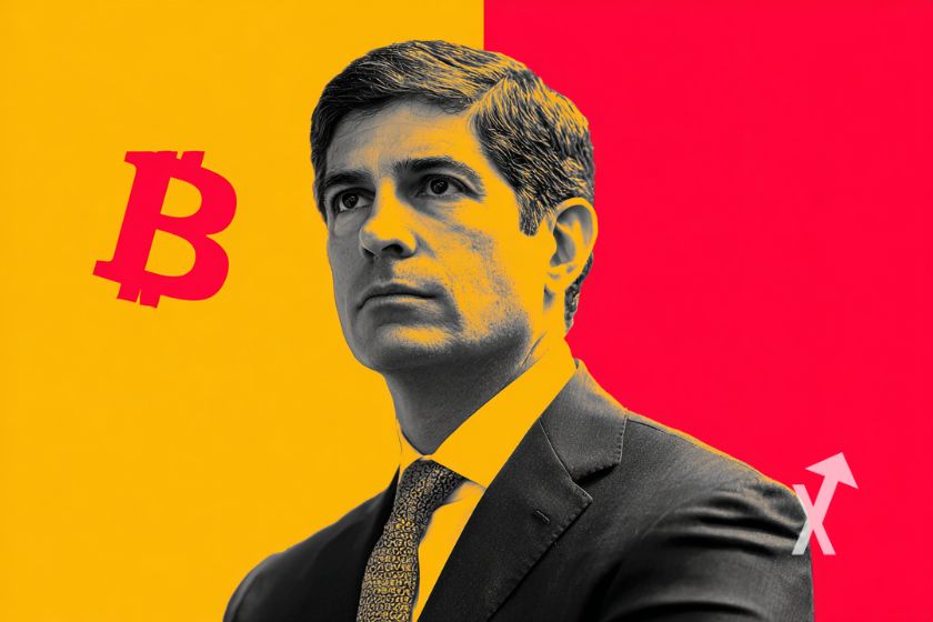 Kevin Warsh de la FED sur un fond rouge et jaune avec un logo bitcoin rouge