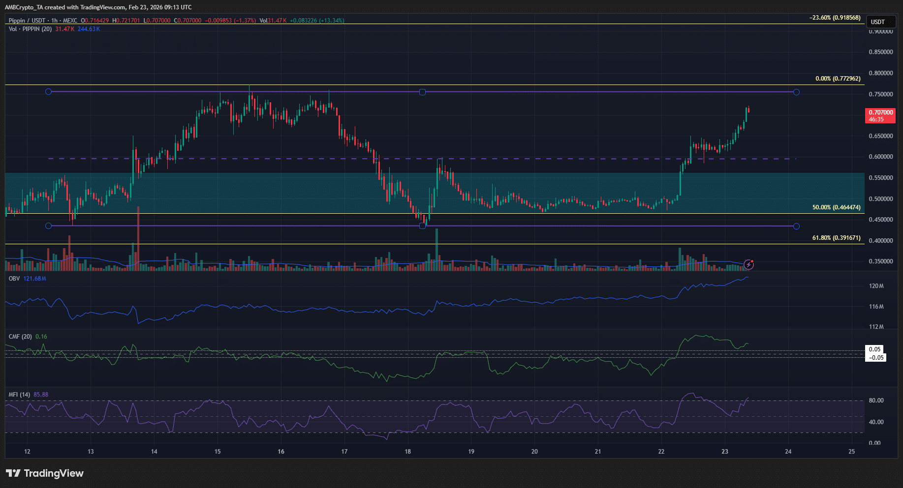 PIPPIN 1-hour chart showing a strong bullish impulse with increasing volume and a test of key resistance around $0.80.