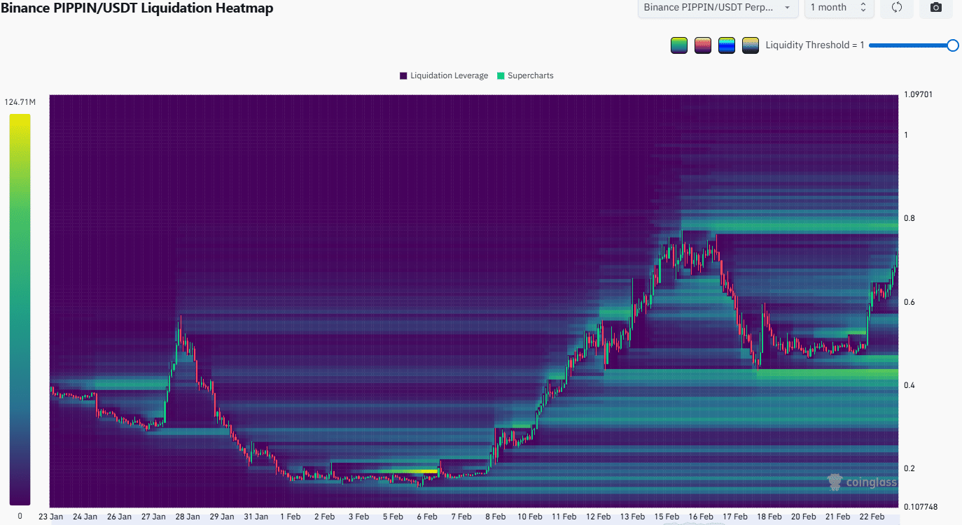 PIPPIN liquidation heatmap showing a concentration of short positions around $0.80, suggesting a potential short squeeze if the price breaks higher.