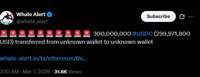 Tweet from Whale Alerts showing USDC transfer to a wallet