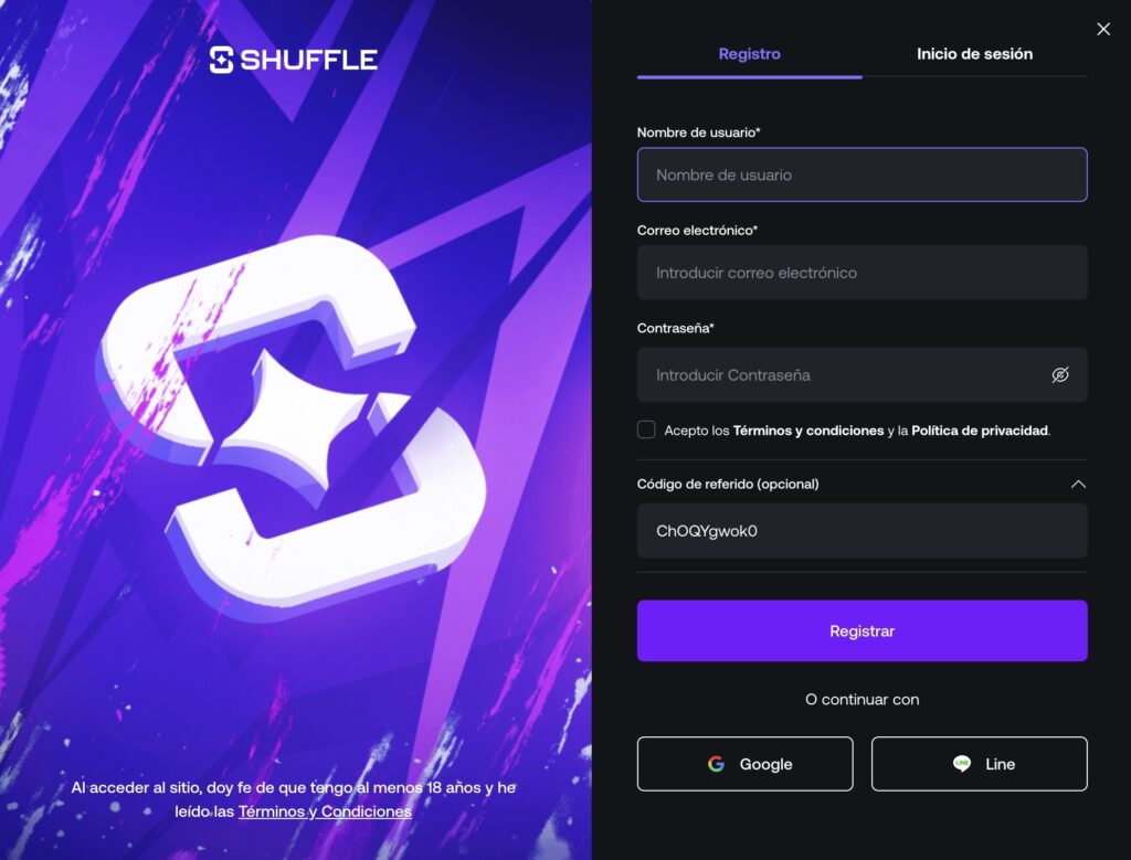 Como registrarse en Shuffle Casino crypto
