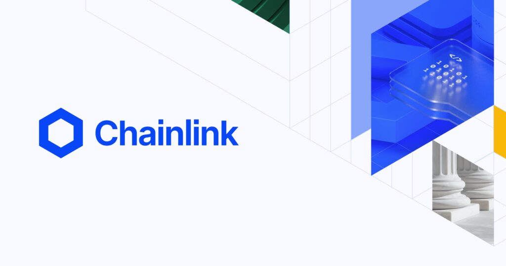 Un banner con un fondo blanco, el logo azul de Chainlink a la izquierda y formas geométricas a la derecha