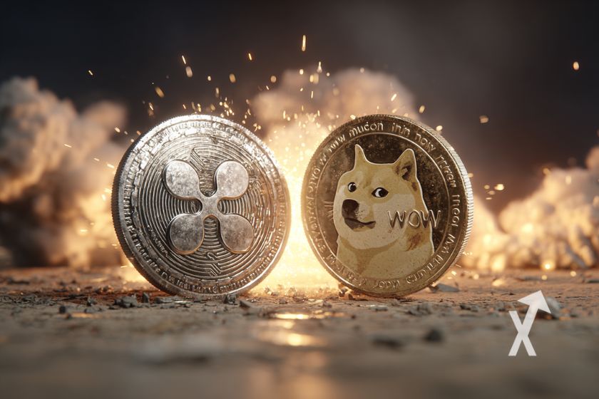 "portada ETF dogecoin xrp" - Inversión en criptomonedas populares.