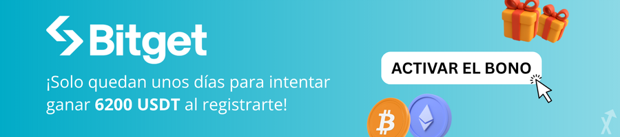 Banner de Bitget con el bono del 10 % de reembolso sobre fondo azul y un botón «activar el bono» rodeado de regalos y dos tokens