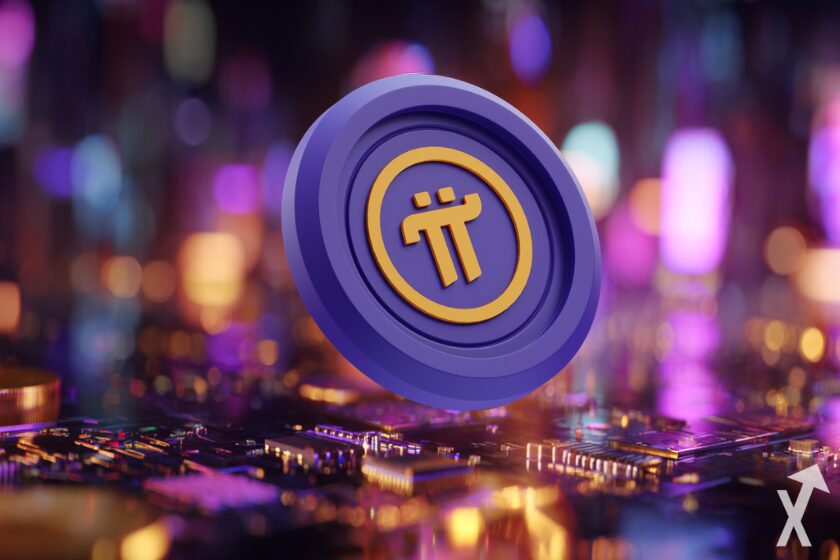 Moneda de criptomoneda con emblema pi.