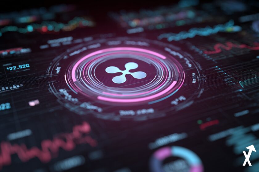 Criptomoneda XRP rodeada de vibraciones púrpuras.