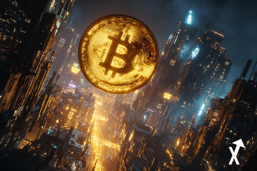 Moneda de Bitcoin en la ciudad.