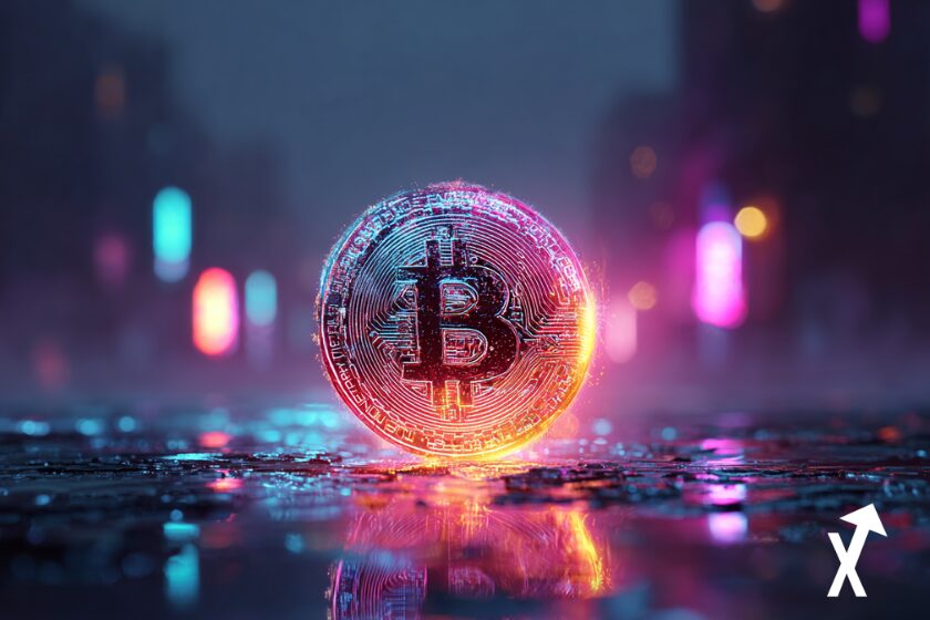 "Bitcoin luminoso en calle colorida, cripto"