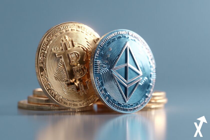 Monedas Bitcoin y Ethereum en 3D.