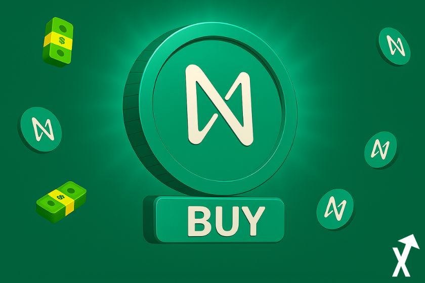 “Moneda de NEAR Protocol en verde y blanco, billete a los lados, logotipos de NEAR, logotipo de Compra en blanco y verde.” “Incluye moneda de NEAR Protocol, billete y logotipos.”