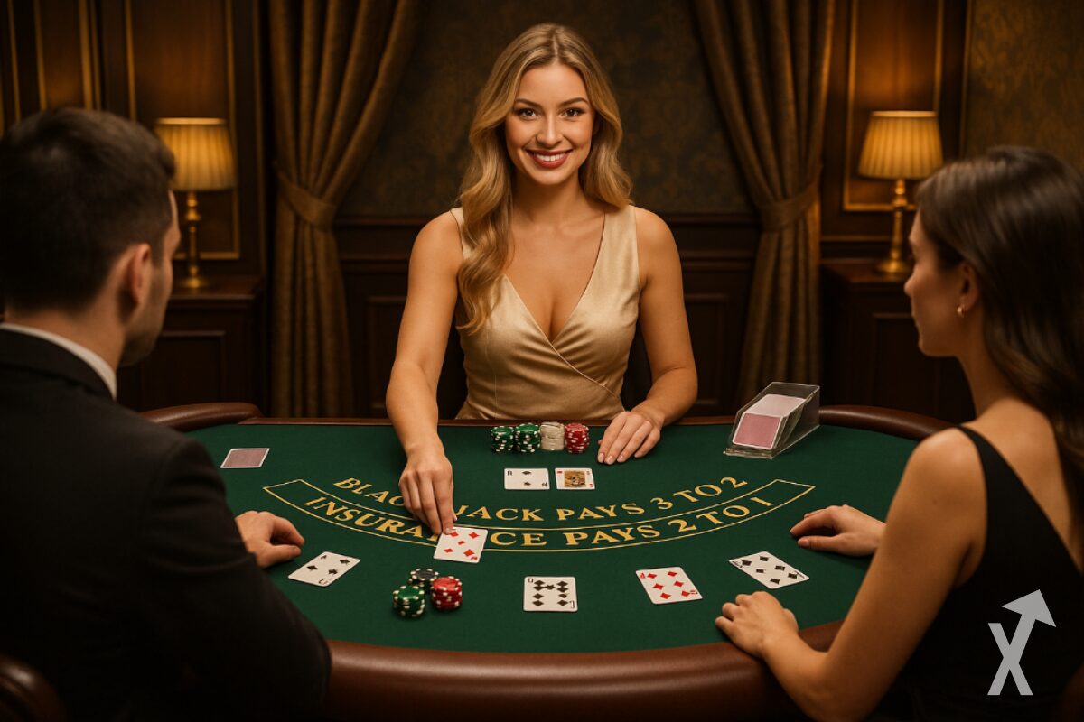 Portada del art&iacute;culo sobre los juegos de Black Jack en vivo, con una mesa de juego y una crupier.